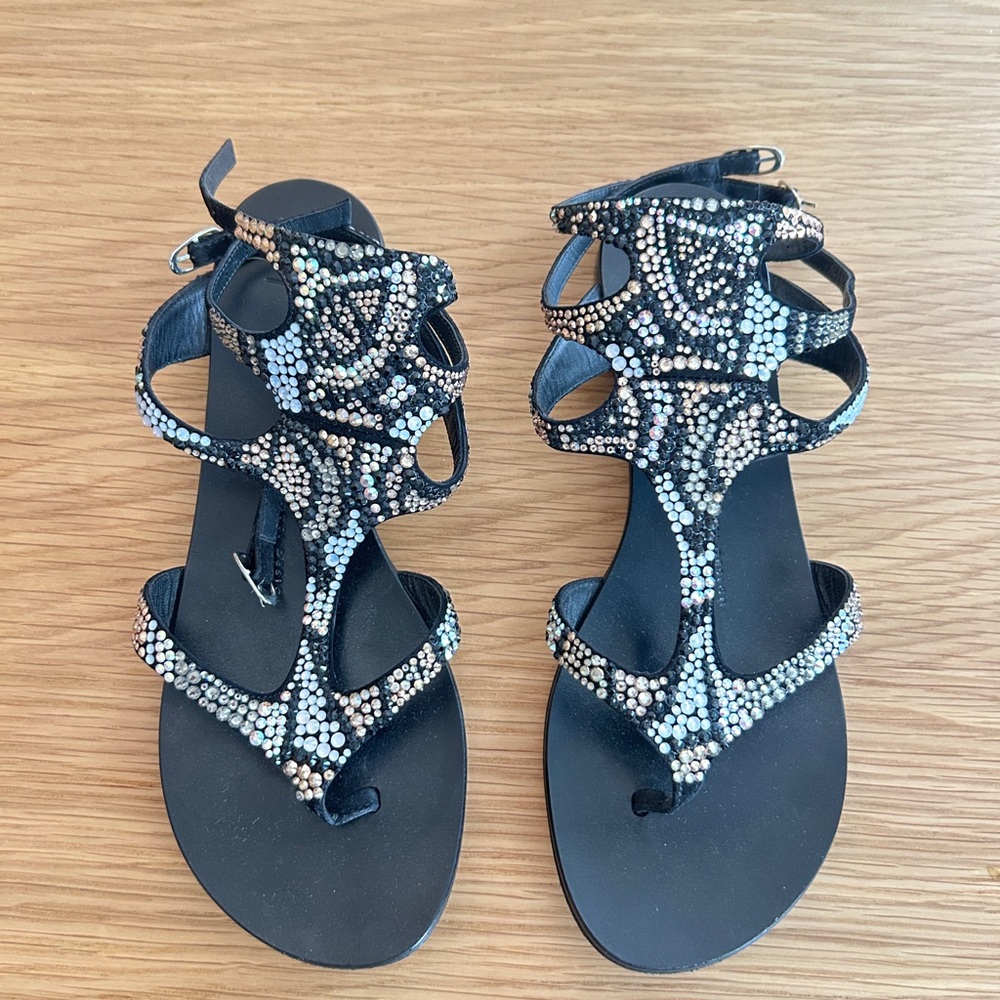 Giuseppe Zanotti Black and Silver Rhinestone Sandals 38